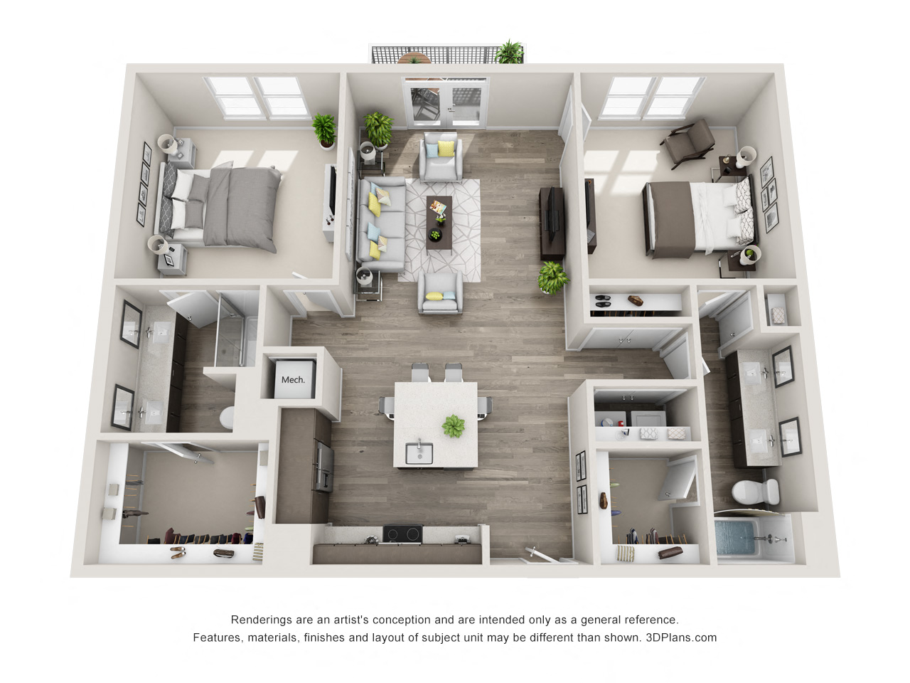 Floor plan for 2 beds, 2 baths, 1357 sqft
